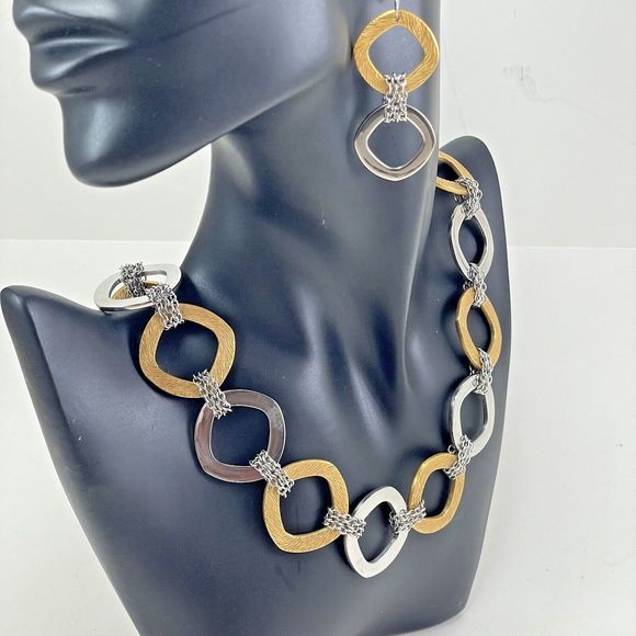 QVC Steel By Design Two Tone 28” Necklace & 8” Bracelet Earrings Rounded Square